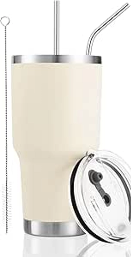 Amazon.com | D·S 30oz Cream Tumbler Stainless Steel Insulated Travel Mug with Straw Lid Cleaning Brush (30oz Cream): Tumblers & Water Glasses