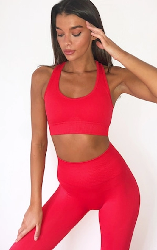 Red Seamless Scoop Neck Sports Bra