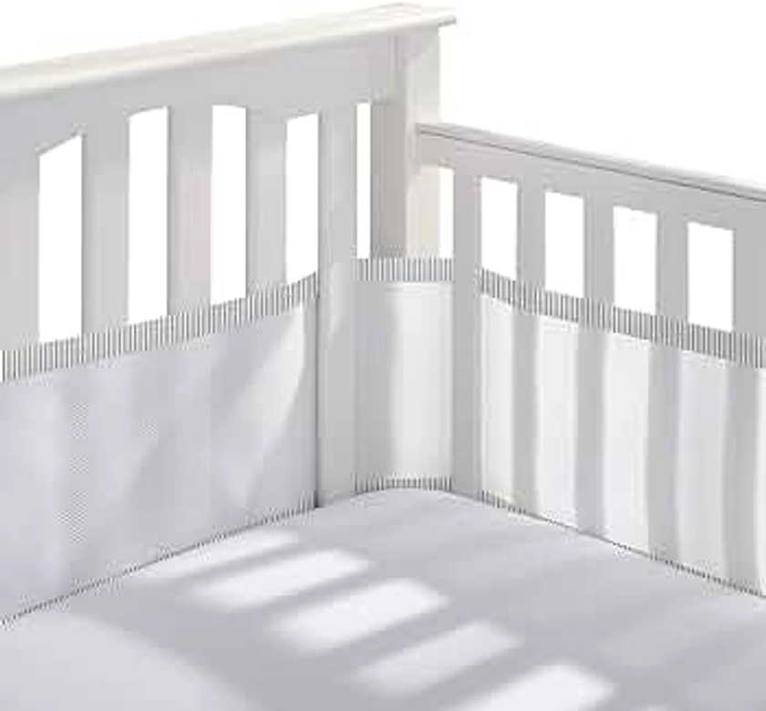 BreathableBaby Breathable Mesh Liner for Full-Size Cribs, Classic 3mm Mesh, Gray Seersucker (Size 4FS Covers 3 or 4 Sides)