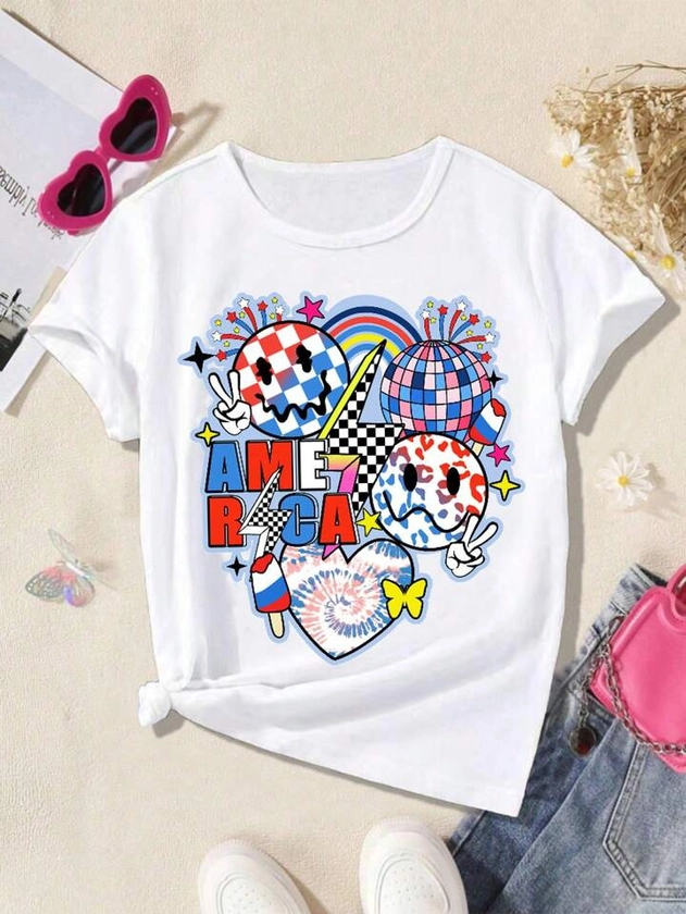 Tween Girls' American Independence Day Festival Y2K Heart Swag Cool T-Shirt