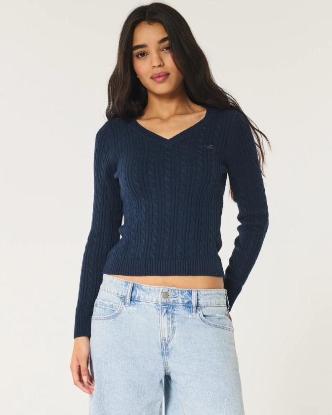 Dames Kabeltrui met V-hals en logo | Dames Tops | HollisterCo.com