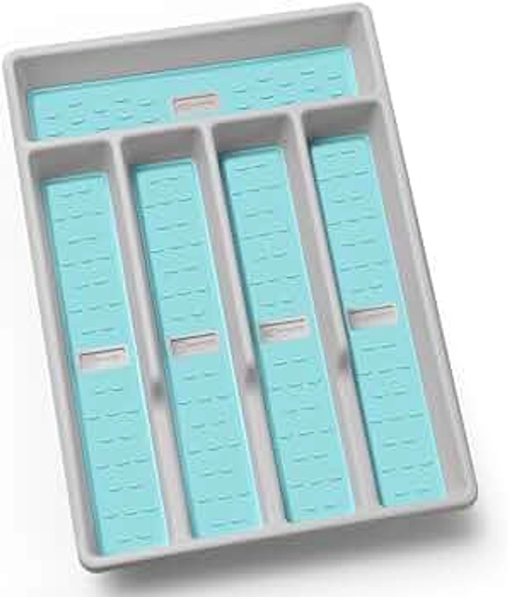 Silverware Organizer with Icons，Plastic Cutlery silverware Tray for Drawer，Utensil Flatware Tableware Organizer for Kitchen with Non-slip TPR,Fits Standard Drawer,5-Compartment,Grey+Mint