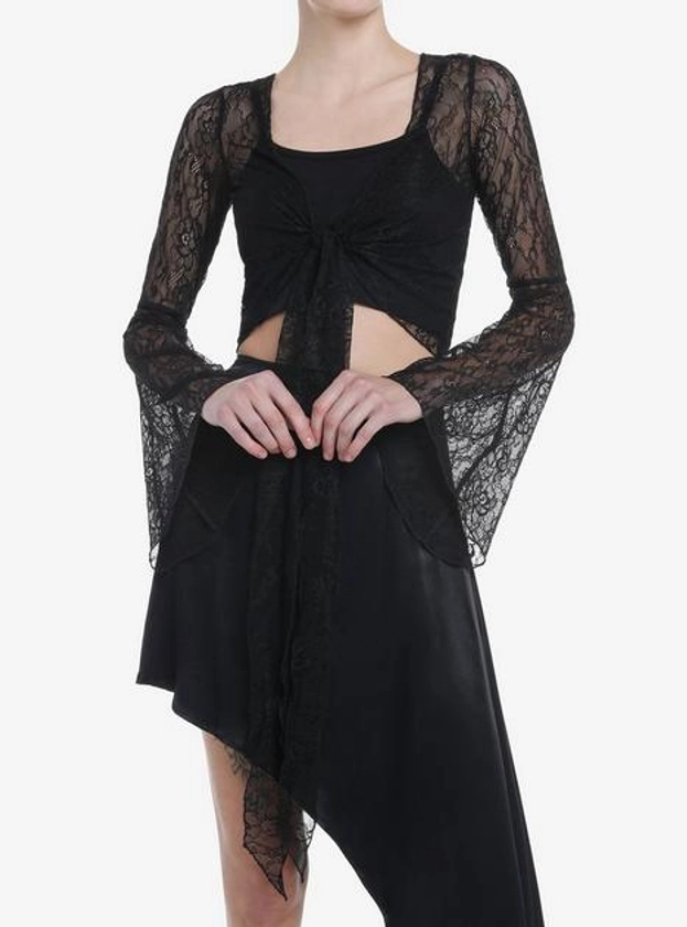 Cosmic Aura Black Lace Bell Sleeve Tie-Front Girls Top | Hot Topic