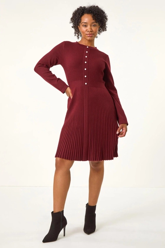 Wine Petite Pearl Button Knitted Dress | Roman UK