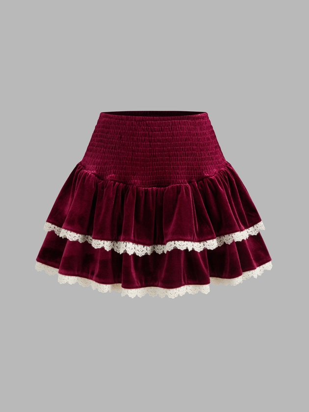 Velvet Velvet Mid Rise Solid Lace Shirred Layered Mini Skirt For Party/Clubbing Vacation Holiday