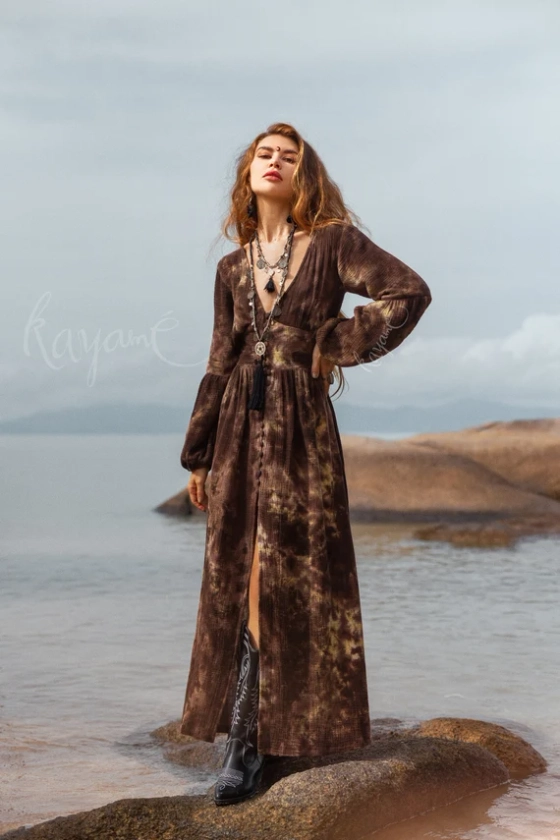 BOHO DRESS ꧁Kayame꧂ Tie dye brown organic cotton dress • Long sleeve dress • Boho maxi dress • Goddess bohemian dress • Cottagecore dress