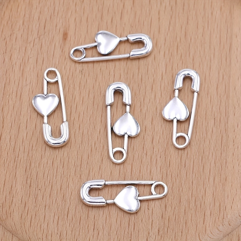 10Pcs Silver Plated Pin Brooch Charms DIY Brooch Pendants With Heart Charms For DIY Jewelry Making Handmade Necklace Earrings Accessories Valentine's