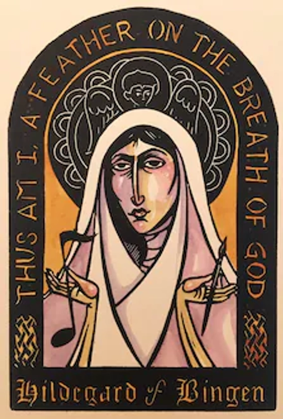 Saint Hildegard of Bingen linocut Christian prayer mystic icon Doctor of the Church
