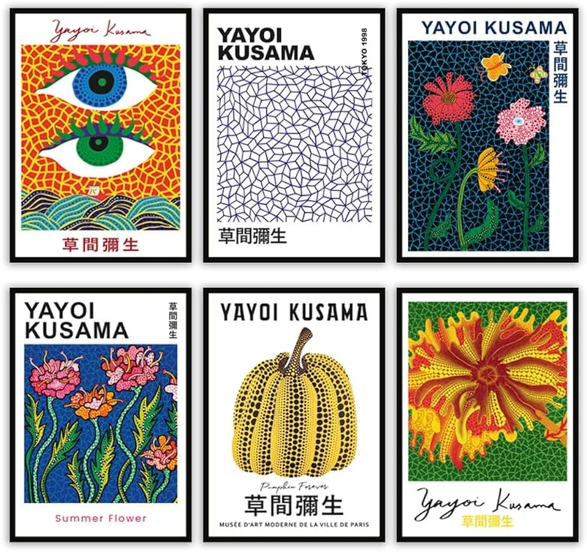 MONOKO® Yayoi Kusama Lot de 6 posters vintage - Impression d'art rétro - Images murales pour salon - 6 x A4 - Sans cadre