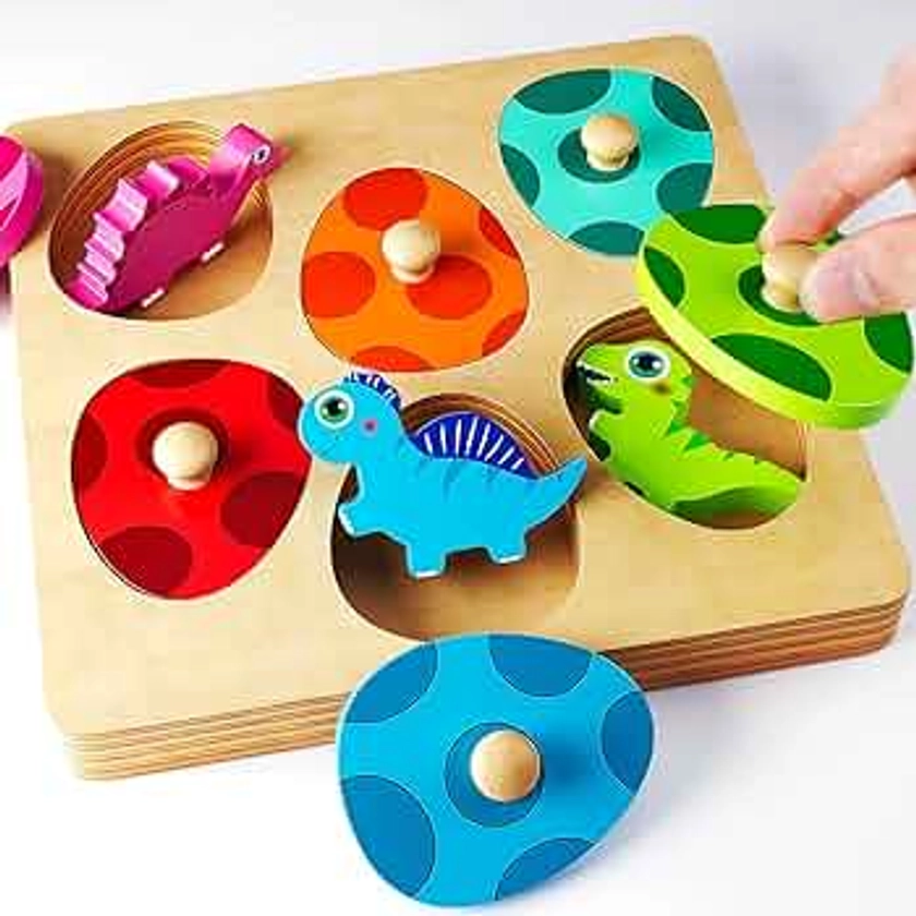EDUJOY Wooden Puzzles for Toddlers 1-3, Montessori Toys for 1 2 Year Old Boy Girl Birthday Easter Gifts, Dinosaur Match Eggs Peg Puzzles, Preschool Learning Toys for Toddlers Age 1-2