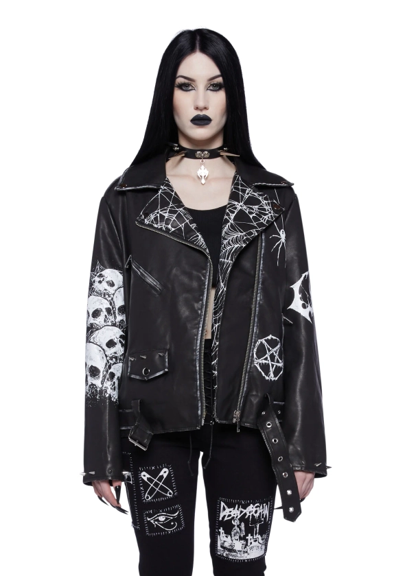 Widow Graphic Leather Jacket- Black